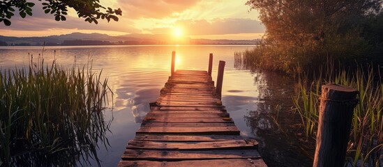 Poster - landscape of a lake at sunset and with a wooden jetty. Copy space image. Place for adding text or design