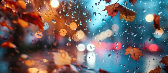 Canvas Print - night city blurred neon light Autumn leaves fall rain drops on window glass rainy season in town. Copy space image. Place for adding text or design