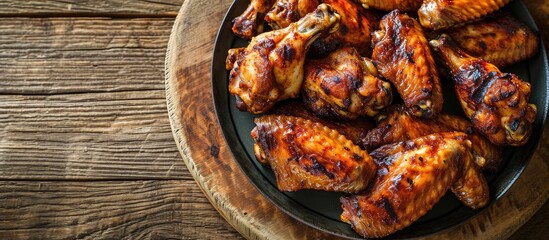Poster - Grilled chicken wings on plate Top view flat lay. Copy space image. Place for adding text or design