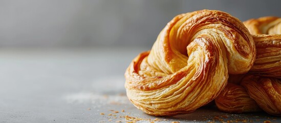 Poster - Oreja Mexican sweet bread made with puff pastry its name comes from its shape similar to that of ears of French origin where it is known as Elephant Ear or Palmier Puff Pastry. Copy space image