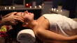 © H_Ko - Girl doing relaxation head massage in beauty salon. Unforgettable sensations lightness and vivacity. Deep relaxation technique. Fingers massage head to beautiful girl. Pleasant sensations