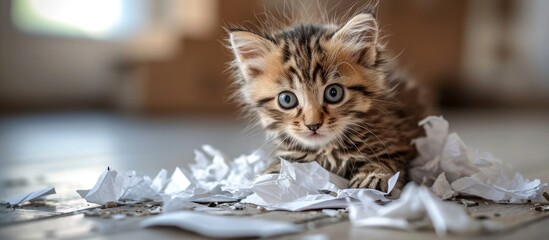 Poster - Funny cat made a mess tore the paper Curious cat kitten mixed breed cat playing with paper Paper recycling. Copy space image. Place for adding text or design