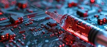 Neural Network Technology And Artificial Intelligence Implantation Microprocessor CPU With Contact Legs Lies On Silicone Printed Circuit Board With Syringe And Needle And Glass Ampoule Red Medi
