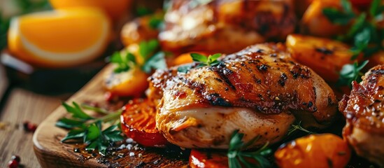 Poster - Grilled chicken breast with fresh vegetables Selective focus. Copy space image. Place for adding text or design