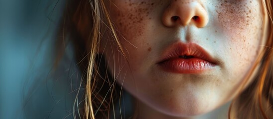 Poster - Macro of a little girl s mouth curling her tongue into a U shape a genetic trait inherited from her parents. Copy space image. Place for adding text or design