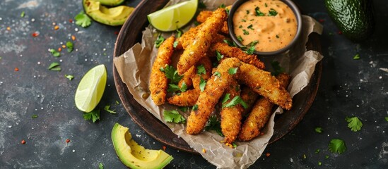 Poster - Homemade Breaded Fried Avocado Fries with Chipotle Sauce. Copy space image. Place for adding text or design