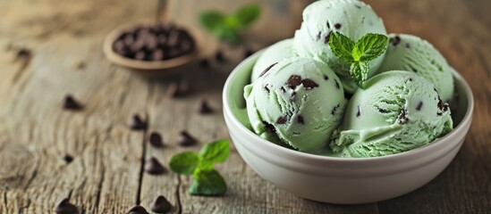 Poster - Organic Green Mint Chocolate Chip Ice Cream. Copy space image. Place for adding text or design