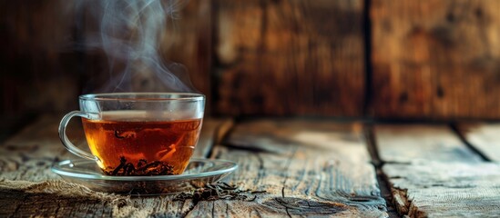 Poster - Hot tea in glass teapot and cup with steam on wood background. Copy space image. Place for adding text or design