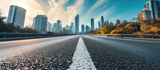 Poster - Panoramic skyline and buildings with empty road. Copy space image. Place for adding text or design