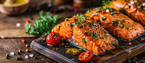 Wall Mural - Grilled salmon fillets with salt pepper and herb decoration. Copy space image. Place for adding text or design