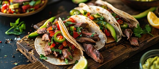 Aufkleber - Grilled Skirt Steak Fajitas Recipe Beef steak fajitas tacos hot tortillas with avocado salsa and green peppers. Copy space image. Place for adding text or design