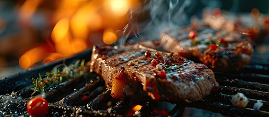 Poster - Lamb chop being grilled under flames At outdoor. Copy space image. Place for adding text or design