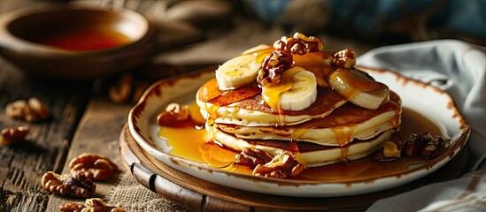 Poster - Pancakes with banana walnut and caramel for a breakfast. Copy space image. Place for adding text or design