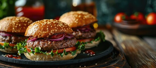 Poster - Homemade hamburger Grilled beef patties sesame buns with other ingredients on dark slate plate. Copy space image. Place for adding text or design