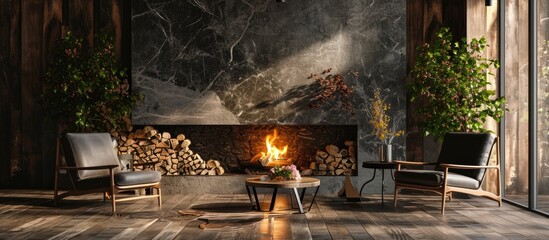 Aufkleber - Interior of living room in modern style with elements of stone Fireplace where burning fire and basket with firewood near Two armchair and little table around. Copy space image