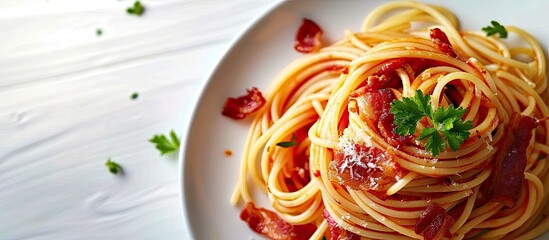 Poster - Homemade Stir Fried Spaghetti With Dried Chili And Bacon. Copy space image. Place for adding text or design