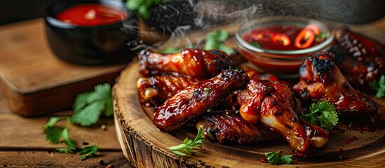 Wall Mural - Hot and spicy bbq chicken wings with dip and hot sauce on wooden plate with steam smoke and vegetables. Copy space image. Place for adding text or design