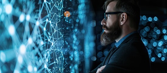 Poster - Middle Aged Bearded Senior Project Manager Stands Next to Big Screen with Neural Network Professional Computer Data Science Engineer Work in a System Control and Monitoring Telecommunications O