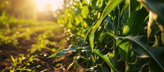 Aufkleber - Leaves of corn in sun Ripening of the corn field Green leaves of plants in field. Copy space image. Place for adding text or design
