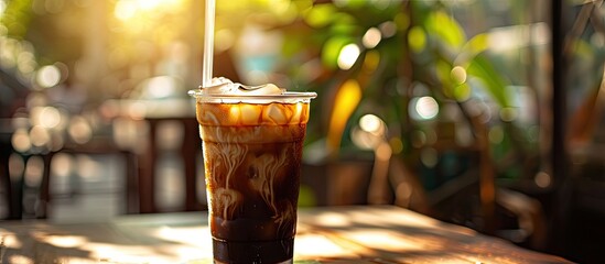 Glass of a iced coffee with cream milk Cold brew coffee drink with ice Early morning sun light Copy space. Copy space image. Place for adding text or design