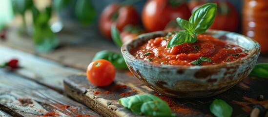 Poster - Italian tomato paste with basil beautiful serving in the restaurant. Copy space image. Place for adding text or design