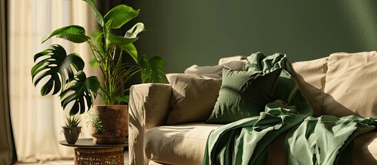 Aufkleber - Green plant in black pot next to beige couch with emerald green blanket. Copy space image. Place for adding text or design