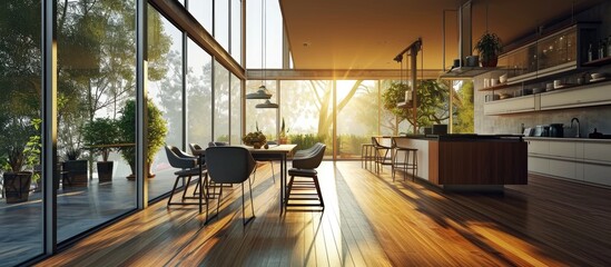 Wall Mural - Large empty dining room with kitchen attached to the wall and wooden floor The space is empty and the adjacent terrace is triangular It is modern architecture and the window is open. Copy space image