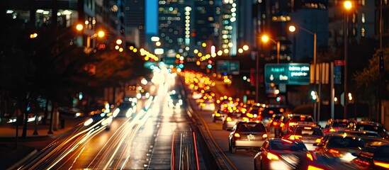 Poster - Nighttime traffic heading to Houston Downtown at Night. Copy space image. Place for adding text or design