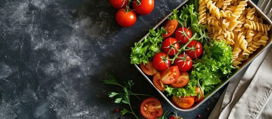 Poster - Lunch Box With Cherry Tomatoes Salad Pasta. Copy space image. Place for adding text or design