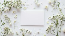 Background White Top View Up Photo Floral Day Flower Mock Wedding Bridal Invite. White Banner Card Background Shower Above Bride Blank Top Date Template Save Border Design Mockup Product Party Empty 