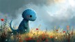 grungy noise texture art, cute happy blue dragon baby  in flower field, Generative Ai