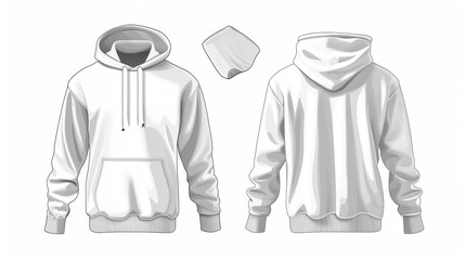 Wall Mural - Classic Hoodie technical fashion illustration. hoodie vector template illustration. front and back view. oversized. drop shoulder. unisex. white color. CAD mockup   