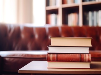 Wall Mural - A pile of books on the table in the living room with a sofa in the background behind it. generative AI