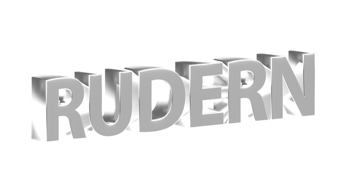 Rudern - plakative silberne 3D-Schrift, Wassersport, Sportart, Ruderboot, Paddeln, Ausdauertraining, Teamarbeit, Wettkampf, Fitness, Gleichgewichtstraining, Körperkoordination, Rendering, Freisteller