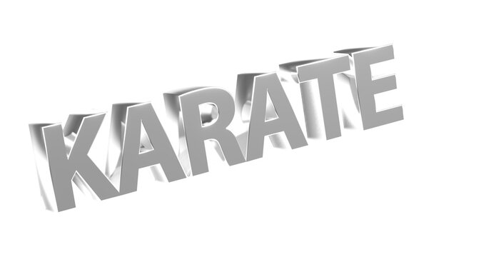 Karate - plakative silberne 3D-Schrift, Kampfsport, Selbstverteidigung, Disziplin, Training, Wettkampf, Tradition, Japan, Karateka,  Körperbeherrschung, Kihon, Kata, Kumite, Rendering