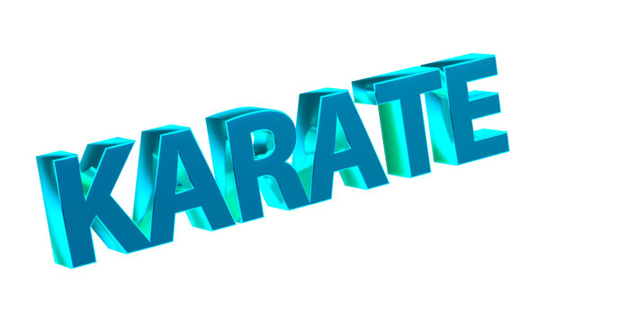 Karate - plakative blaue 3D-Schrift, Kampfsport, Selbstverteidigung, Disziplin, Training, Wettkampf, Tradition, Japan, Karateka,  Körperbeherrschung, Kihon, Kata, Kumite, Rendering