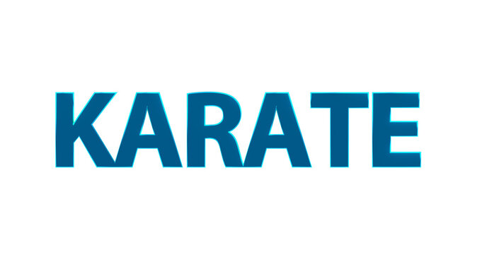 Karate - plakative blaue 3D-Schrift, Kampfsport, Selbstverteidigung, Disziplin, Training, Wettkampf, Tradition, Japan, Karateka,  Körperbeherrschung, Kihon, Kata, Kumite, Rendering