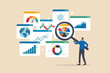 Analysis report research result, chart and diagram dashboard, financial graph statistics, analyze data, SEO or optimization concept, businessman with magnifying glass analyze research chart and graph.