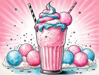 Poster - Photorealistic Illustration of Cotton Candy Milkshake with Artistic Straw Placement and Dramatic Lighting Gen AI