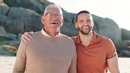 Canvas Print - Senior man and child with happy face on beach, laughing and funny joke on summer vacation. Family, love and portrait together with care, bonding and travel adventure on outdoor leisure by ocean