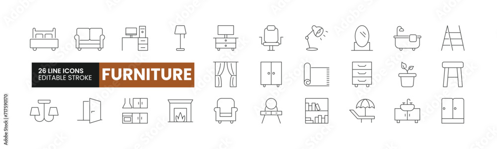 Set of 26 Furniture line icons set. Furniture outline icons with ...