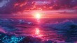 Pixelated sunrise over a digital ocean.