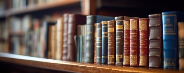 Wall Mural - Rows and piles of books of various titles are photographed with neatly arranged shelves in the background. generative AI