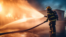 Firefighter Training., Fireman Using Water And Extinguisher To Fighting With Fire Flame In An Emergency Situation., Under Danger Situation All Firemen Wearing Fire Fighter Suit For Safety.