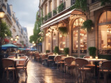 Fototapeta Boho - Paris's cosy restaurants and rainy street scenes, capture the calm and romantic atmosphere of the city.  3d rendering design.