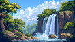 waterfall on meadow hills in pixel art style, pixel art background, rpg game background