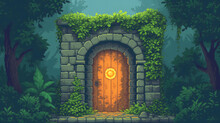Portal In The Forest In Pixel Art Game Background, Magic Gate Portal View, Pixel Art Game Background