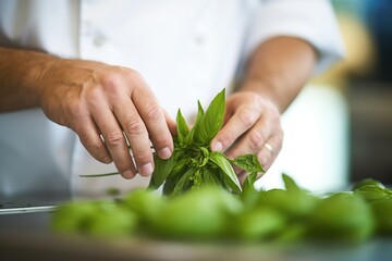 hand of chef picking fresh basil leaves