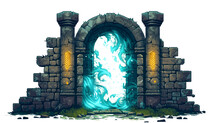 Blue Portal In Pixel Art Game Background, Magic Gate Portal View, Pixel Art Game Background, Isolated On White