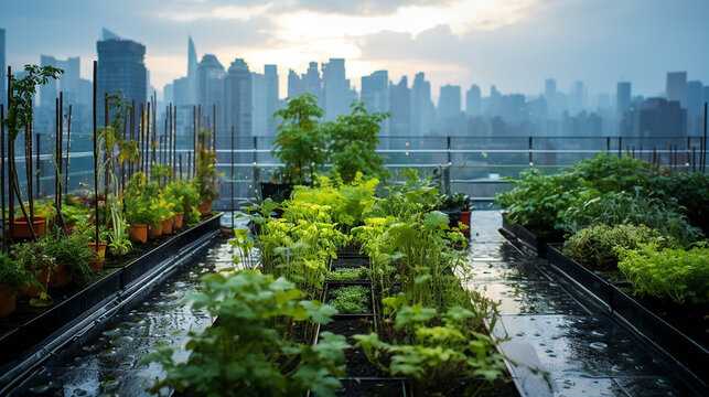 rain on a city rooftop garden rain nourishes plants